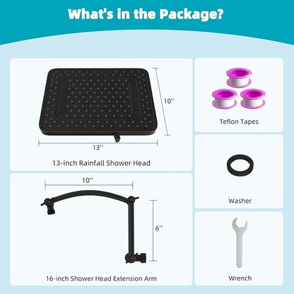 Hibbent Rain Shower Head, 13'' High Pressure Rainfall 5 Spray Mode Showerhead with 16" Shower Head Extension Arm, Brass Adjustable Shower Arm Extender, Waterfall fixed Showerheads, Oil Rubbed Bronze