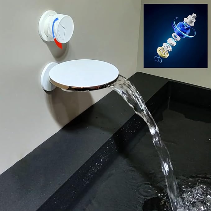 BiaoTeng Concealed Wall Mount Waterfall Bathroom Faucets Hot and Cold Brass Faucets for Bathroom Sinks Waterfall Single Handle White + Rose Gold