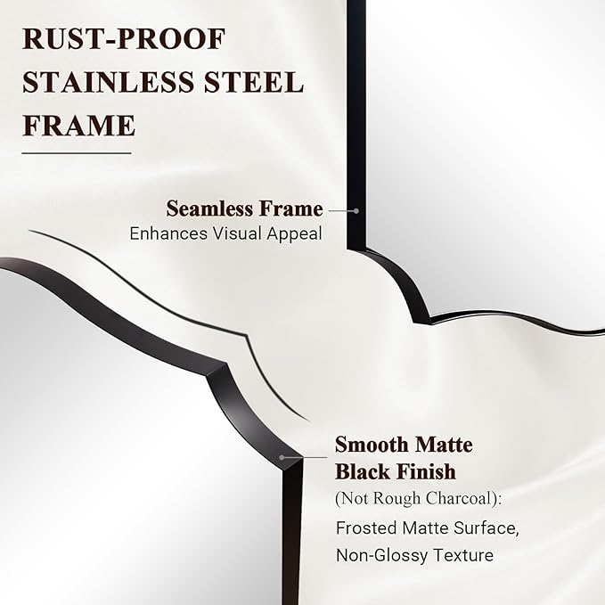 ANDY STAR Matte Black Mirror, 24x36 Inch Scalloped Bathroom Mirror, Unique Wavy Rectangle Mirror in Stainless Steel Metal 1” Frame, Wall Mount Vertical or Horizontal