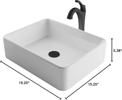 KRAUS Elavo 19-inch Modern Rectangular White Porcelain Ceramic Bathroom Vessel Sink and Matte Black Arlo Faucet Combo Set with Pop-Up Drain, C-KCV-121-1200MB