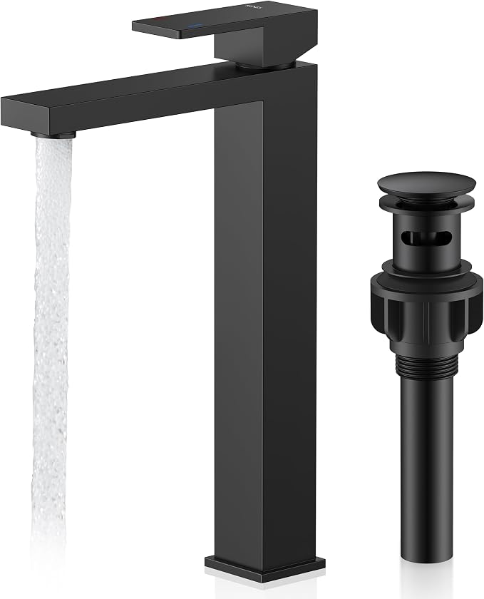 Matte Black Vessel Sink Facuet Single Hole, Tall Bathroom Sink Faucet | Vessel Bowl Faucet with Pop Up Drain & Supply Lines, Lead-Free cUPC & NSF Certified, 1 Hole Faucet for Vanity RV Restroom