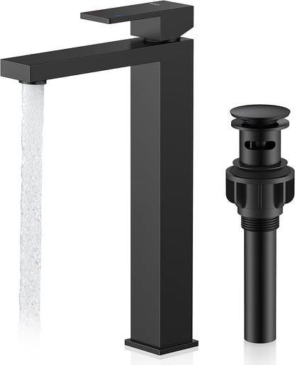 Matte Black Vessel Sink Facuet Single Hole, Tall Bathroom Sink Faucet | Vessel Bowl Faucet with Pop Up Drain & Supply Lines, Lead-Free cUPC & NSF Certified, 1 Hole Faucet for Vanity RV Restroom
