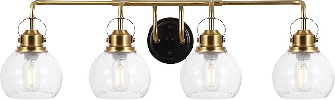 JONATHAN Y 34" Brass Gold/Oil Rubbed Bronze Shirley 4-Light Bathroom Vanity Light, Metal Wall Sconce, Clear Seeded Glass Shade, Modern Transitional Farmhouse Fixture, LED Bulbs Included (JYL7406B)