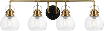 JONATHAN Y 34" Brass Gold/Oil Rubbed Bronze Shirley 4-Light Bathroom Vanity Light, Metal Wall Sconce, Clear Seeded Glass Shade, Modern Transitional Farmhouse Fixture, LED Bulbs Included (JYL7406B)