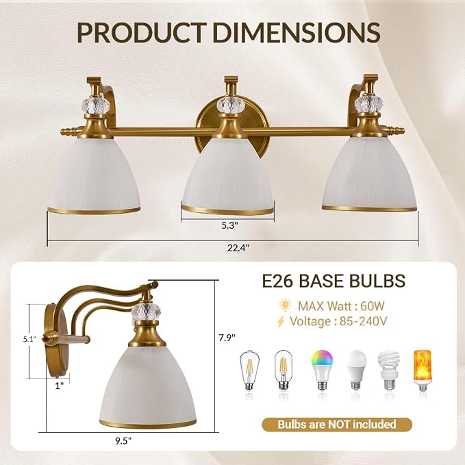 Bathroom Light Fixture, 3-light Brass Vanity Light, Vintage Bathroom Lights Over Mirror with Crystal Beads, Wall Sconce Lighting with Frosted Milky Glass Shade, E26 Base (Bulbs Not Included)