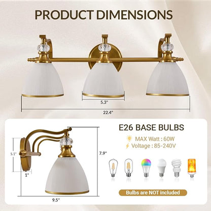 Bathroom Light Fixture, 3-light Brass Vanity Light, Vintage Bathroom Lights Over Mirror with Crystal Beads, Wall Sconce Lighting with Frosted Milky Glass Shade, E26 Base (Bulbs Not Included)