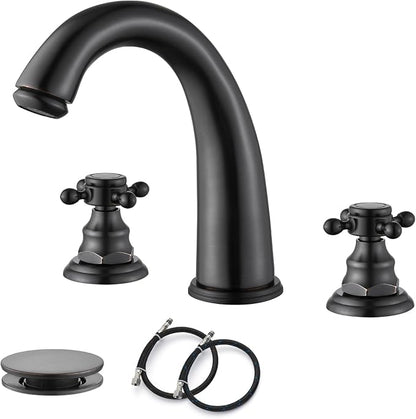gotonovo Widespread Bathroom Sink Faucet 3 Hole Oil Rubbed Bronze,No Label | Vintage 8’’ Bathroom Faucet,2 Cross Handle,6-16’’ Sink,Vanity,RV,Farmhouse,SUS304,24’’ cUPC Hose,Pop Up Drain,Deck Mount