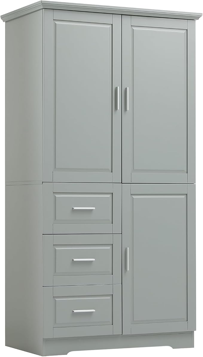 Merax 62.2" Pantry Cabinet with Three Doors & Three Drawers, Adjustable Shelves Storage Cupboard for Kitchen/Dining Room/Bathroom, Gray