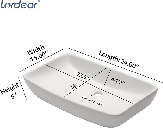 Lordear Vessel Sink Rectangular 24 Inch Curved Rectangle Bathroom Sink Modern Above Counter White Porcelain Ceramic Bathroom Vessel Vanity Sink Art Basin