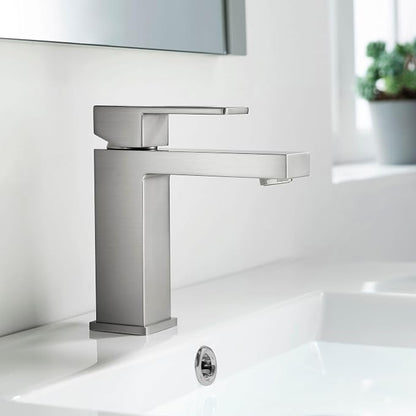 KBF1002 Solid Brass Single Handle Bathroom Sink Faucet | High Arc Cubic Spout Lavatory Faucet in Brushed Nickel | Corrosion-Resistant, Modern Design - Easy to Install