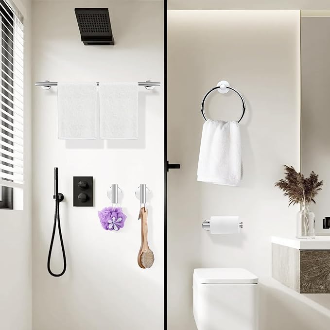 4-Piece Polished Chrome Bathroom Hardware Set - Toilet Paper Holder and Hand Towel Holder, Towel Ring Wall Mounted, Stainless Steel Accessories Set - Silver