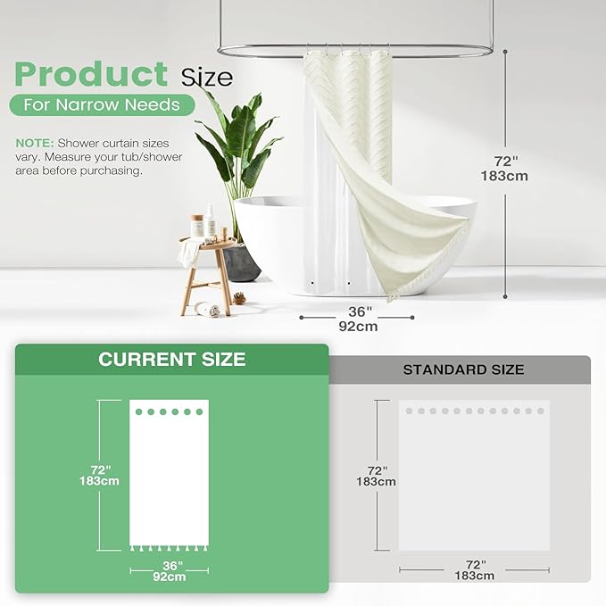 Dynamene Stall Shower Curtain and Liner Set - 36 x 72 inch Half Boho Shower Curtain and Waterproof Clear Liner, Tufted Chevron Striped Tassel Shower Curtains for Bathroom, 6 Hooks, 36x72, Cream