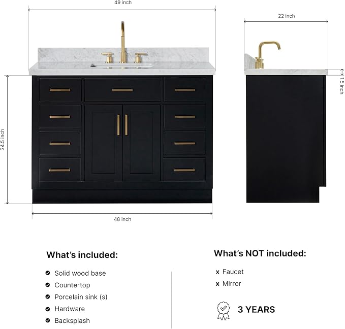 Isabella 48-Inch Bathroom Vanity with Sink — Black Single Sink Bathroom Vanity, 1.5" Edge Italian Carrara Marble Top, Solid Wood, 2 Soft-Close Doors, 8 Dovetail Drawers + Tilt Drawer