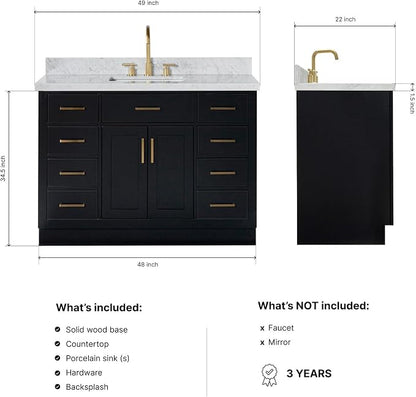Isabella 48-Inch Bathroom Vanity with Sink — Black Single Sink Bathroom Vanity, 1.5" Edge Italian Carrara Marble Top, Solid Wood, 2 Soft-Close Doors, 8 Dovetail Drawers + Tilt Drawer