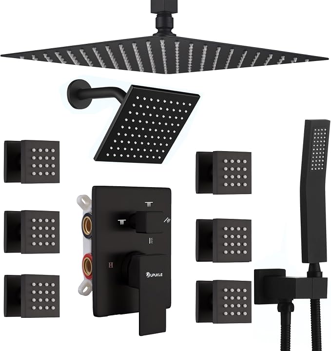 Shower System Matte Black Dual Shower Head with Body Jets, Oupukle Four Modes Shower Faucet Set Ceiling Mount 12" Rain Shower Head & 6" Wall Mounted Head with 6PCS Body Jets