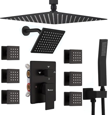 Shower System Matte Black Dual Shower Head with Body Jets, Oupukle Four Modes Shower Faucet Set Ceiling Mount 12" Rain Shower Head & 6" Wall Mounted Head with 6PCS Body Jets