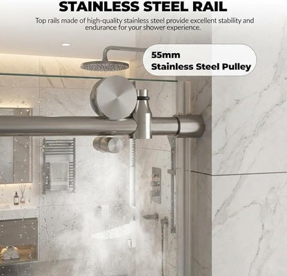Frameless Sliding Shower Door, Adjustable 44"-48" Width x 76" Height, 6mm (1/4") SGCC Tempered Clear Glass with Easy-to-Clean Coating, Brushed Nickel Stainless Steel Top Rail, One Fixed One Sliding