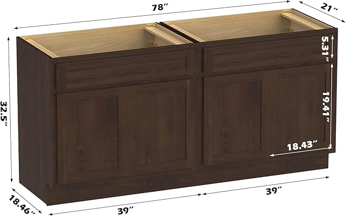 Vanity Art 78 Inch Bathroom Base Cabinet Only, Double Sink Top (Not Include Sink) with Door & Soft Close Hinge, Unassembled Floor Cabinet, Brown, 2ea 39 Inch Combo