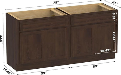 Vanity Art 78 Inch Bathroom Base Cabinet Only, Double Sink Top (Not Include Sink) with Door & Soft Close Hinge, Unassembled Floor Cabinet, Brown, 2ea 39 Inch Combo
