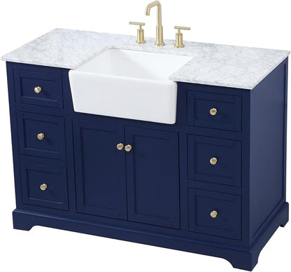 48" Pre-Assembled Bathroom Vanity with Sink, Solid Birch and MDF, Carrara White Marble Countertop Attached, Single Rectangle Porcelain Sink, 6 Soft-Close Drawers, Blue