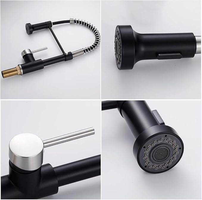 OWOFAN Low Lead Modern Single Handle Pull Down Sprayer Spring Kitchen Faucet, Brass Black&Brushed Nickel Kitchen Sink Faucets