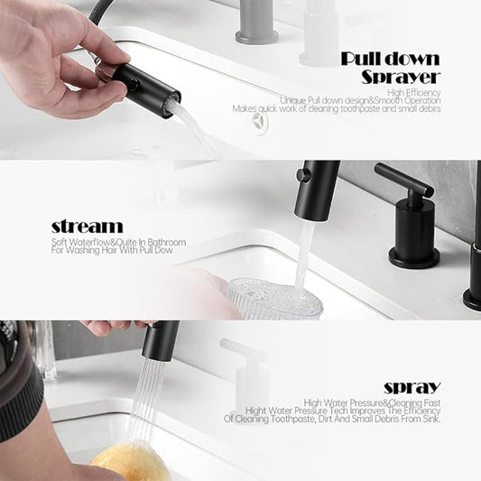 Matte Black Pull Down Bathroom Faucet with Pop-up Drain, 8 inch Widespread Bathroom Faucet 3 Hole with Pull Down Sprayer 2 Modes. 8'' Matte Black Bathroom Faucet with Supply Lines