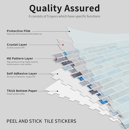 Alwayspon 10 Sheets 12" x12inch Grey and Blue Marble Effect Vinyl Tiles, Backsplash, Self-Adhesive Peel and Stick Wall Tile Stickers, Stick on Subway Tiles for Kitchen Bathroom Wall Decor