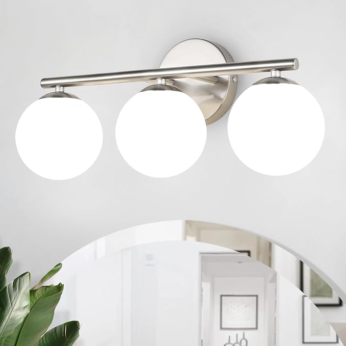 foucasal Brushed Nickel 3-Light Globe Vanity Light Fixture Over Mirror | G9 Socket, Plastic Milk Globe Shades, 4.72" Base, 10W Max, Adjustable Up/Down Light, Mid Century Style for Bathroom Bedroom