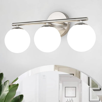 foucasal Brushed Nickel 3-Light Globe Vanity Light Fixture Over Mirror | G9 Socket, Plastic Milk Globe Shades, 4.72" Base, 10W Max, Adjustable Up/Down Light, Mid Century Style for Bathroom Bedroom