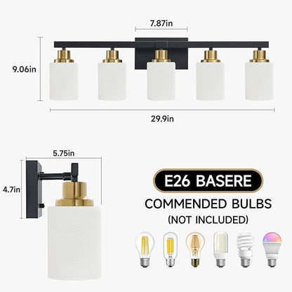 Bathroom Vanity Light, 5-Light Vanity Lighting Black and Gold,30" | Black and Gold Wall Light Fixture,Bathroom Light Fixtures with Frosted Glass Shade for Mirror Bedroom Restroom Sink