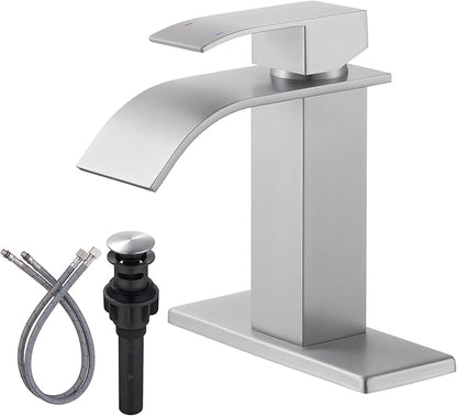 Waterfall Bathroom Faucet Brushed Nickel: ARCORA Single Hole Bathroom Sink Faucet Mixer Tap with Supply Lines and Pop Up Drain