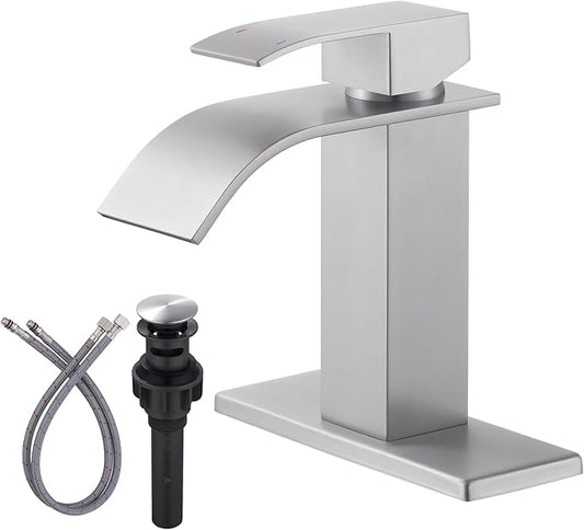 Waterfall Bathroom Faucet Brushed Nickel: ARCORA Single Hole Bathroom Sink Faucet Mixer Tap with Supply Lines and Pop Up Drain