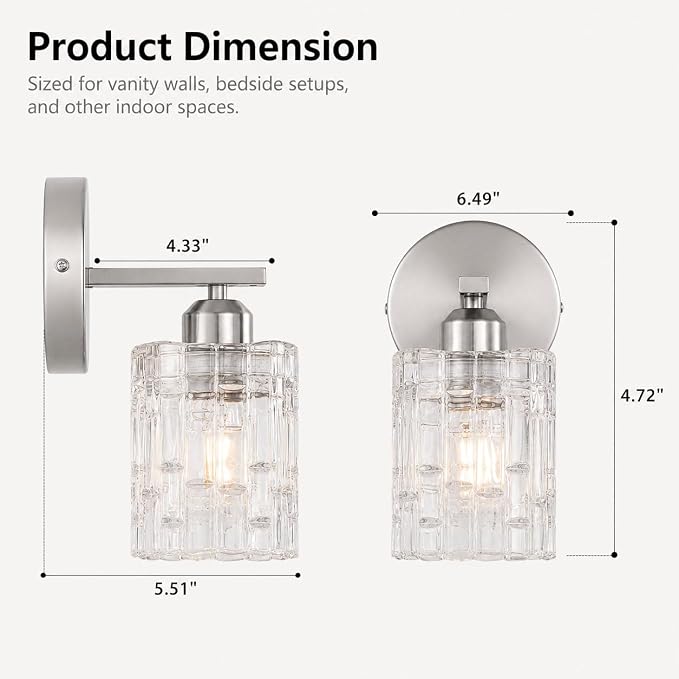 2-Pack Nickel Crystal Bathroom Vanity Lights, 1-Light Wall Sconce Fixture for Over Mirror, Modern Wall Mount for Bathroom, Bedroom, Hallway