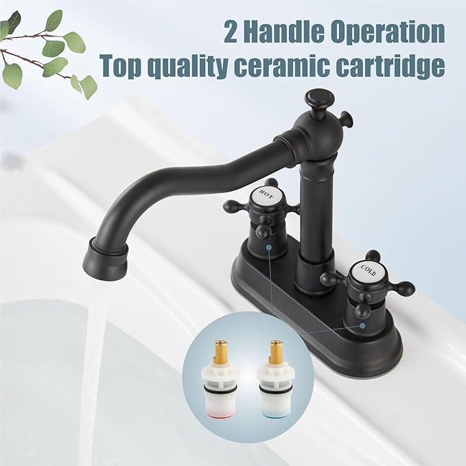 Aolemi 4 Inch Centerset Bathroom Sink Faucet Vintage 2 Cross Handle RV Mixer Tap Basin Vanity Lavatory Utility for Sink 3 Hole Include Hoses Pop Up Drain Faucet Handle with Label Matte Black