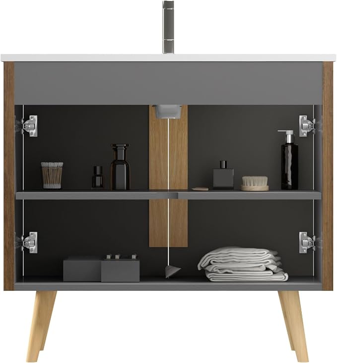 36" Modern Bathroom Vanity with Sink, Mid Century Modern Walnut Bathroom Cabinet with 2 Soft Close Doors, Large Storage with Adjustable Shelf