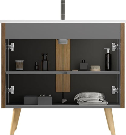 36" Modern Bathroom Vanity with Sink, Mid Century Modern Walnut Bathroom Cabinet with 2 Soft Close Doors, Large Storage with Adjustable Shelf