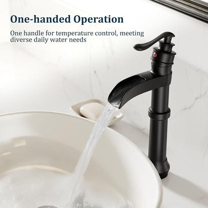 Matte Black Vessel Sink Faucet Brass Tall Waterfall Bathroom Faucet | Bathroom Sink Faucets Single Handle with Pop Up Drain Without Overflow and Supply Hoses Mixer Tap Deck Mount by BATHLAVISH