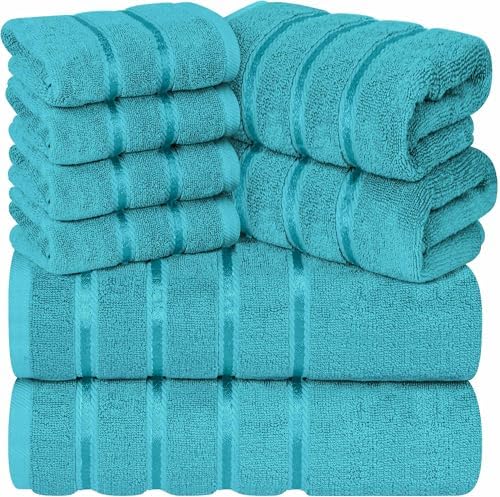 Luxury Towel Sets for Bathroom Set of 8-600 GSM 100% Cotton Ring Spun, Viscose Border Towels Bathroom Sets - Turquoise