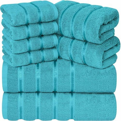 Luxury Towel Sets for Bathroom Set of 8-600 GSM 100% Cotton Ring Spun, Viscose Border Towels Bathroom Sets - Turquoise