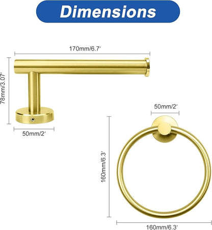 NearMoon 2 Pieces Bathroom Hardware Accessories, Towel Ring and Toilet Paper Holder- Stainless Steel Bath Towel Hanger and Hand Towel Holder, Wall Mounted (Brushed Gold)