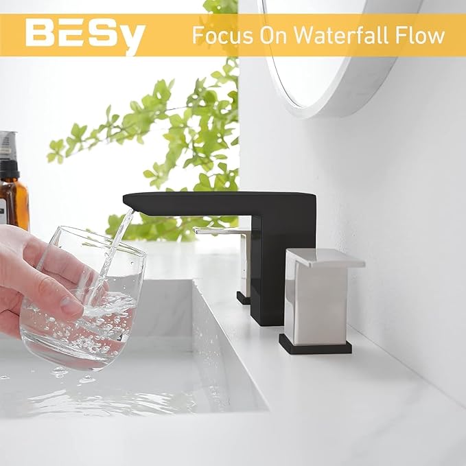 BESy Bathroom Faucet 3 Holes Two Handles Vanity Widespread 8 Inch Bathroom Sink Faucet, Waterfall Bathroom Sink Faucet with cUPC Supply Hoses, Pop Up Drain, Stainless Steel, Matte Black with Nickel
