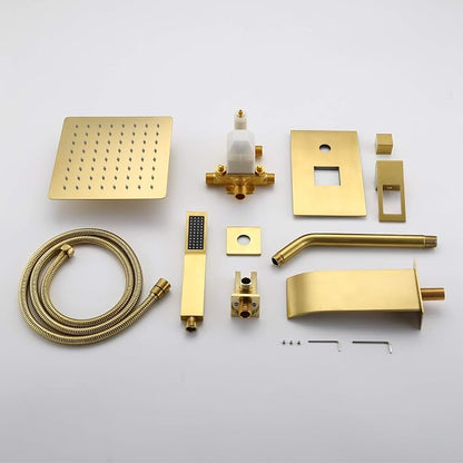 SUMERAIN Shower Faucet System with Waterfall Tub Spout, Brushed Gold | 8" Rain Shower Head, Brass Handheld Shower Head, Anti-scald Pressure-Balanced Valve, Including Rough-In Valve