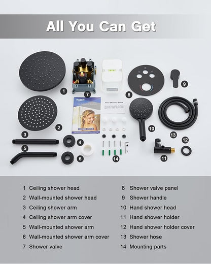 Iriber Matte Black Shower head with Handheld,8"+10" Rain Shower Faucet Set | 10 Inch Ceiling +8 Inch Wall Mount Dual Shower Heads,Push Button Diverter,3 Setting Handheld,Pressure Balance Valve Cartridge