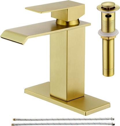 CREA Brushed Gold Bathroom Faucet 1 Hole,Gold Waterfall Bathroom Faucet Single Handle Bathroom Sink Faucet with Drain Stopper/ 3 Hole Deck Plate,RV Basin Vanity Faucet,Stainless Steel
