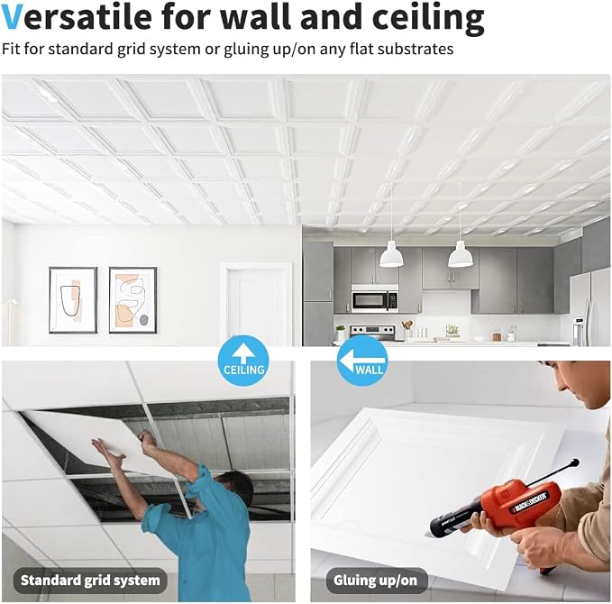 Art3d 12-Pack Square Drop Ceiling Tile 2ft x 2ft in White, PVC Ceiling Panel 24 x 24in. - Compatible with 15/16" Drop Ceiling Grid System | Lightweight, Easy to Clean, Compatible with 15/16" Grid System, Suitable for Kitchen, Bathroom
