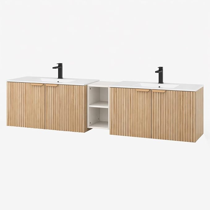 84 Inch Floating Bathroom Vanity with Double Sink, Bathroom Double Sink Cabinet with Soft Close Door Waterproof Storage, Wood Color(wt)
