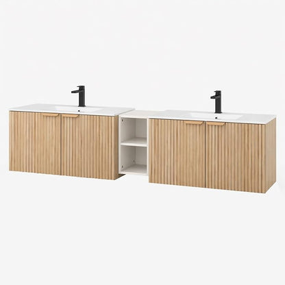 84 Inch Floating Bathroom Vanity with Double Sink, Bathroom Double Sink Cabinet with Soft Close Door Waterproof Storage, Wood Color(wt)