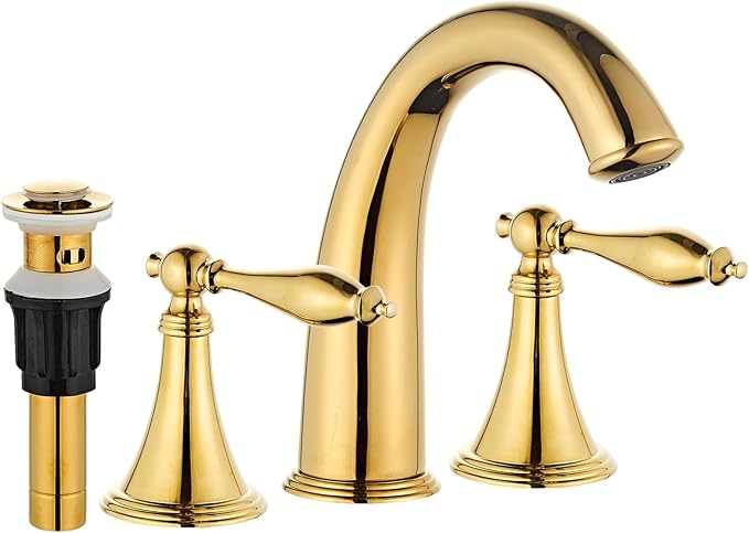 Gold Bathroom Faucet Widespread 3 Hole, 6–16 Inch Vanity Sink with 2 Handles, Drip-Free Ceramic Disc Valve, Solid Brass, Push Pop-Up Drain Assembly Included