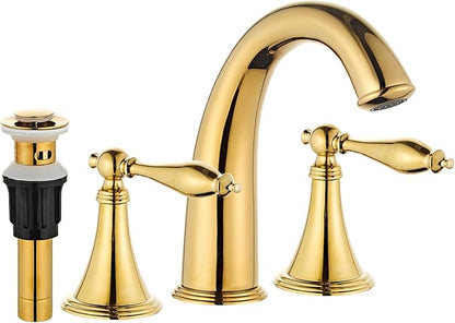 Gold Bathroom Faucet Widespread 3 Hole, 6–16 Inch Vanity Sink with 2 Handles, Drip-Free Ceramic Disc Valve, Solid Brass, Push Pop-Up Drain Assembly Included