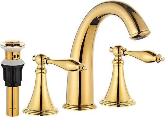 Gold Bathroom Faucet Widespread 3 Hole, 6–16 Inch Vanity Sink with 2 Handles, Drip-Free Ceramic Disc Valve, Solid Brass, Push Pop-Up Drain Assembly Included